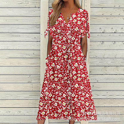 ☀️👗 Coup de cœur – Robe midi décontractée à motifs floraux et col en V – Tombé souple et imprimé romantique