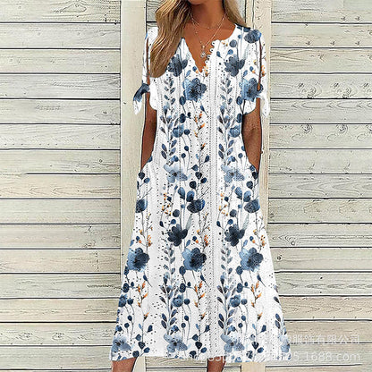 ☀️👗 Coup de cœur – Robe midi décontractée à motifs floraux et col en V – Tombé souple et imprimé romantique