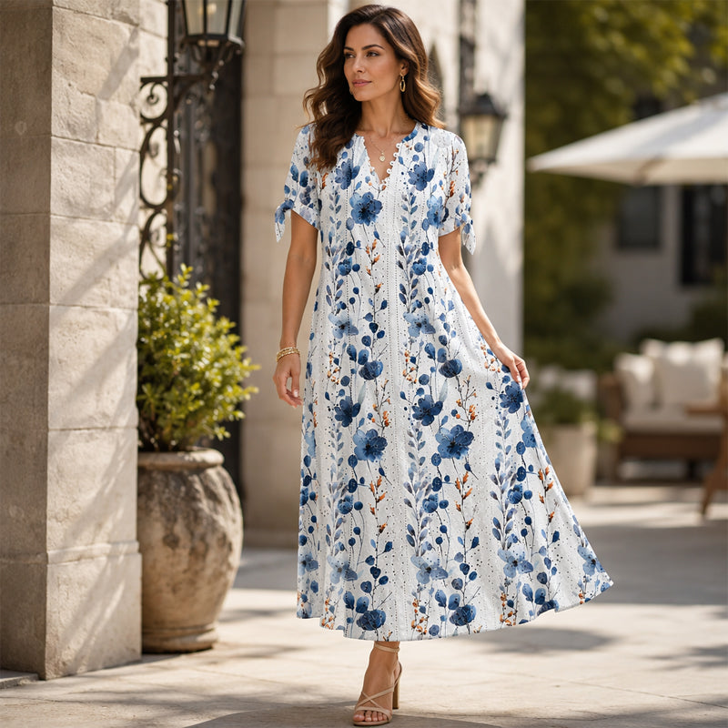 ☀️👗 Coup de cœur – Robe midi décontractée à motifs floraux et col en V – Tombé souple et imprimé romantique