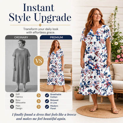 ☀️👗 Coup de cœur – Robe midi décontractée à motifs floraux et col en V – Tombé souple et imprimé romantique