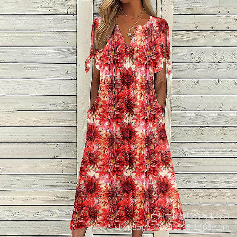 ☀️👗 Coup de cœur – Robe midi décontractée à motifs floraux et col en V – Tombé souple et imprimé romantique
