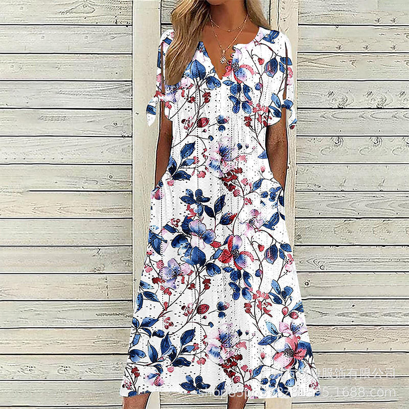 ☀️👗 Coup de cœur – Robe midi décontractée à motifs floraux et col en V – Tombé souple et imprimé romantique