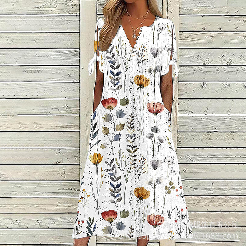 ☀️👗 Coup de cœur – Robe midi décontractée à motifs floraux et col en V – Tombé souple et imprimé romantique