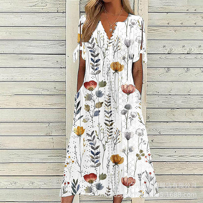 ☀️👗 Coup de cœur – Robe midi décontractée à motifs floraux et col en V – Tombé souple et imprimé romantique