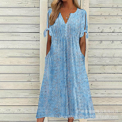 ☀️👗 Coup de cœur – Robe midi décontractée à motifs floraux et col en V – Tombé souple et imprimé romantique