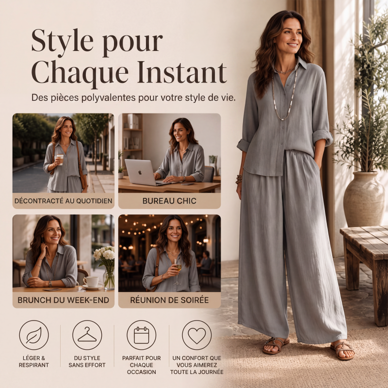 Ensemble chemise à manches longues et pantalon large pour femme