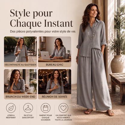 Ensemble chemise à manches longues et pantalon large pour femme