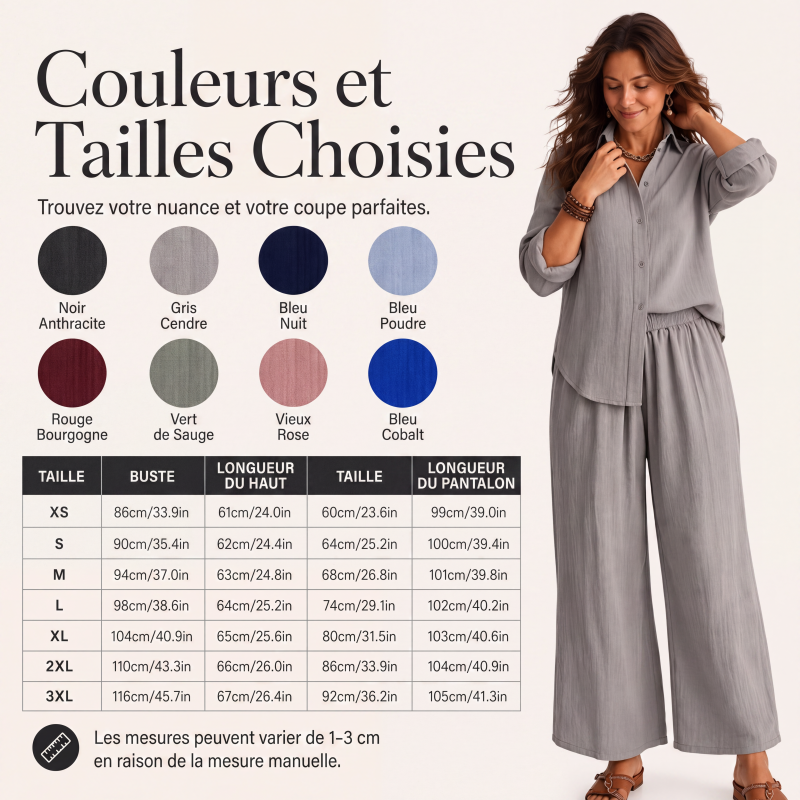 Ensemble chemise à manches longues et pantalon large pour femme