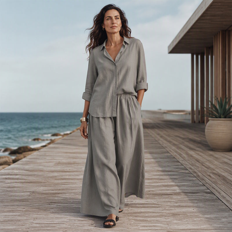 Ensemble chemise à manches longues et pantalon large pour femme