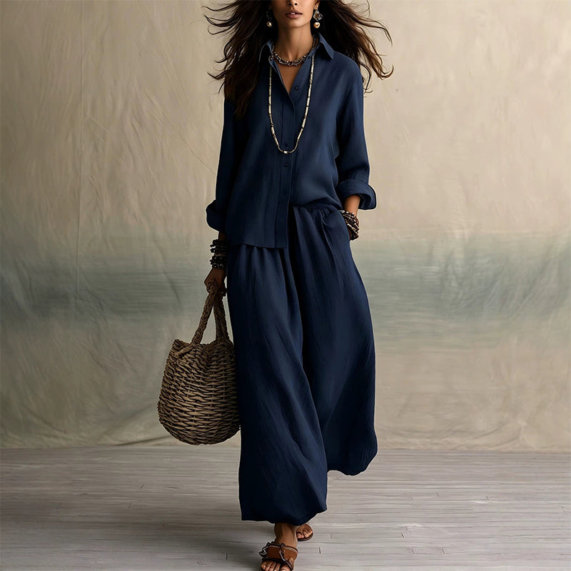 Ensemble chemise à manches longues et pantalon large pour femme
