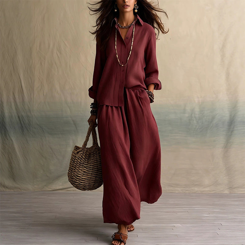 Ensemble chemise à manches longues et pantalon large pour femme