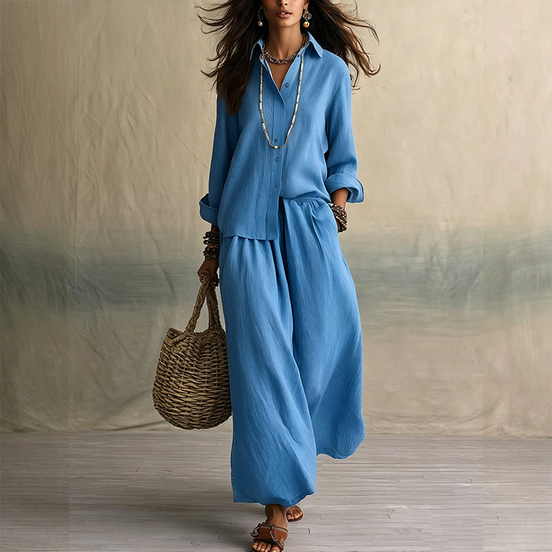 Ensemble chemise à manches longues et pantalon large pour femme