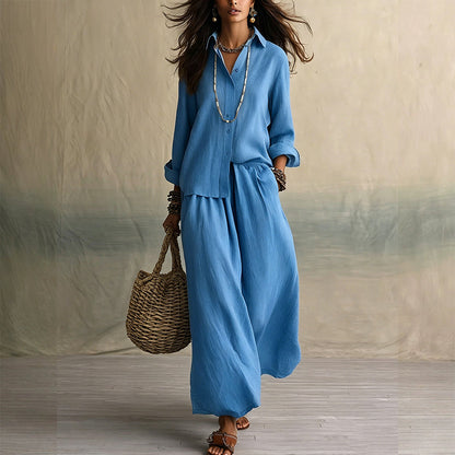 Ensemble chemise à manches longues et pantalon large pour femme