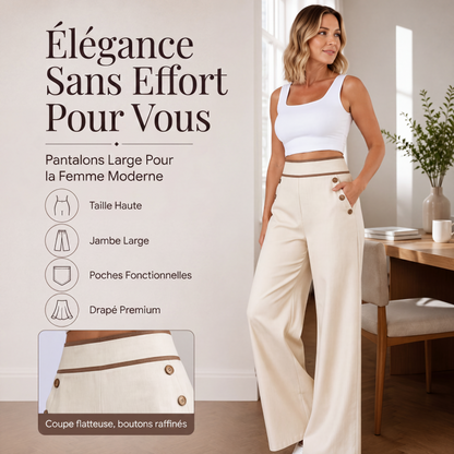 🔥‑50 %🤍 Pantalon fluide à coupe ample, ceinture décorée, idéal pour une tenue chic au quotidien