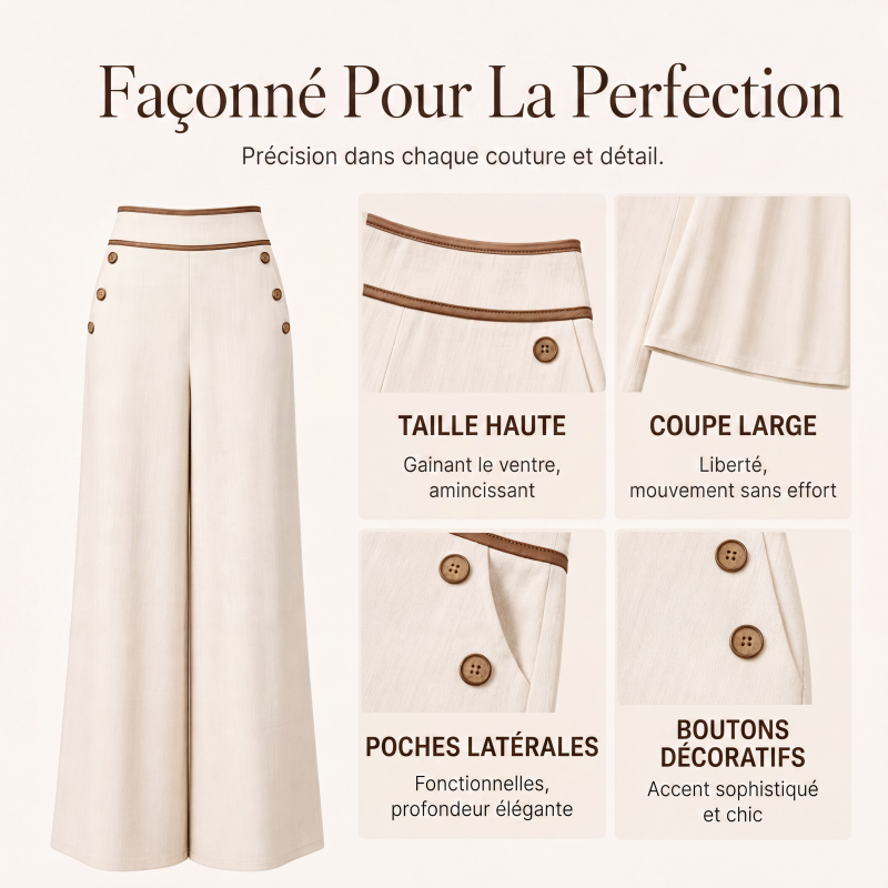 🔥‑50 %🤍 Pantalon fluide à coupe ample, ceinture décorée, idéal pour une tenue chic au quotidien