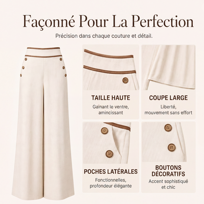 🔥‑50 %🤍 Pantalon fluide à coupe ample, ceinture décorée, idéal pour une tenue chic au quotidien