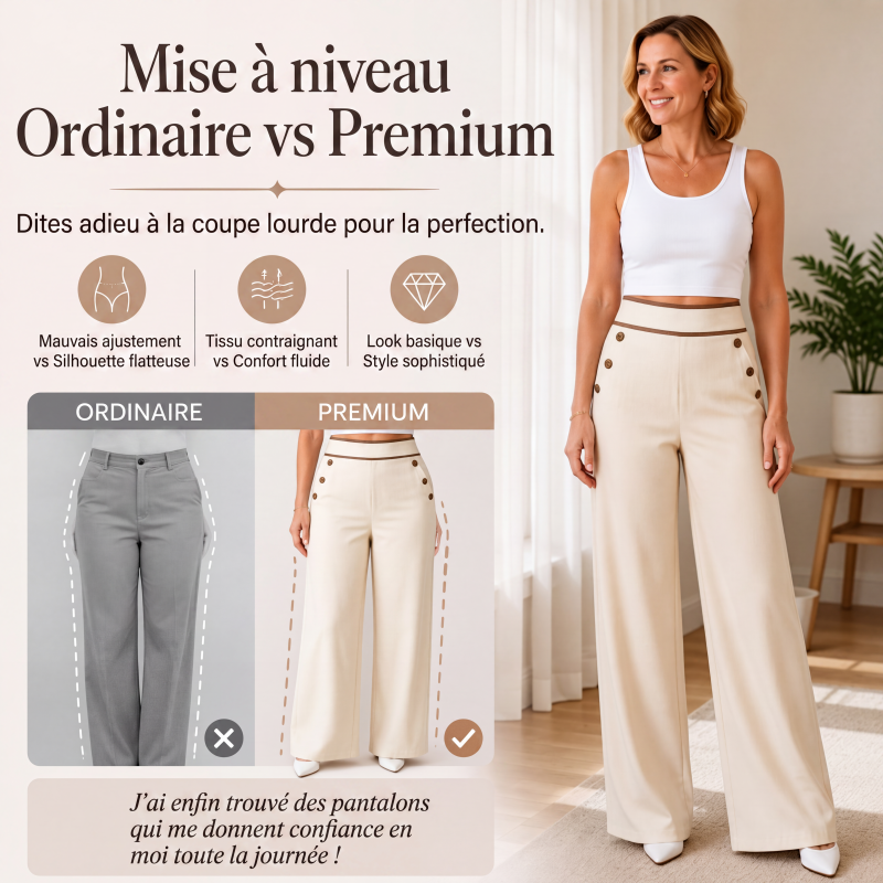 🔥‑50 %🤍 Pantalon fluide à coupe ample, ceinture décorée, idéal pour une tenue chic au quotidien