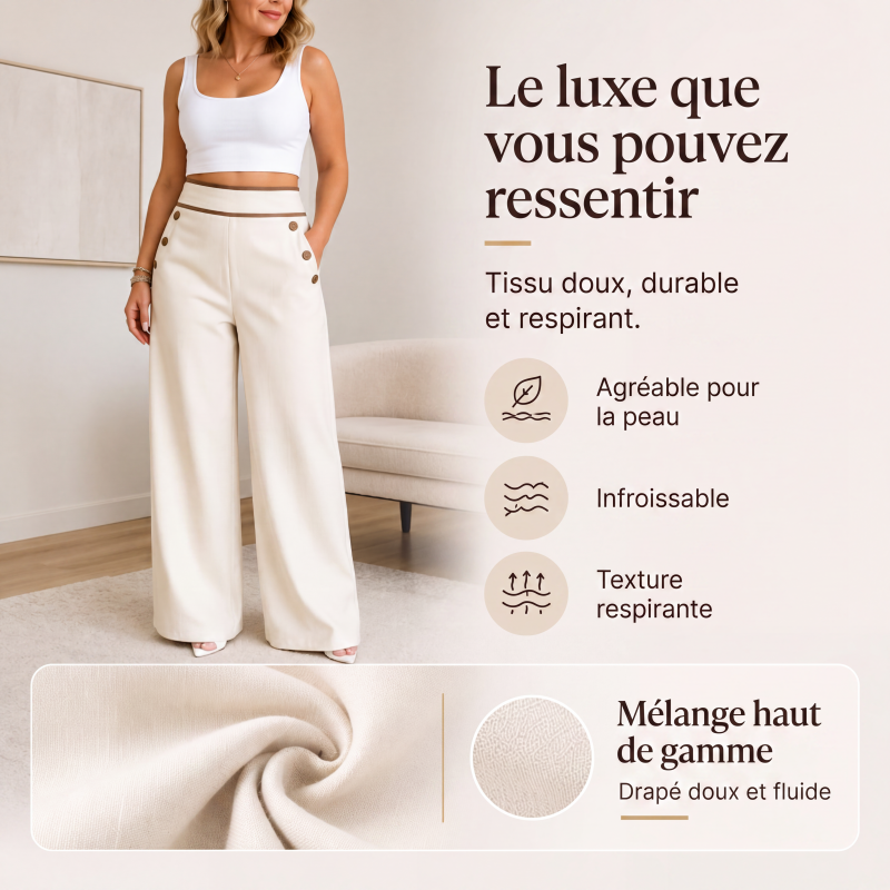 🔥‑50 %🤍 Pantalon fluide à coupe ample, ceinture décorée, idéal pour une tenue chic au quotidien