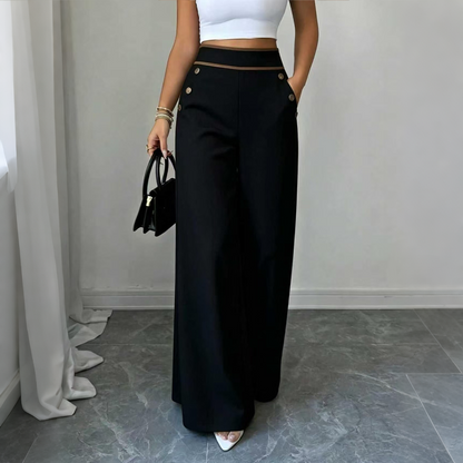 🔥‑50 %🤍 Pantalon fluide à coupe ample, ceinture décorée, idéal pour une tenue chic au quotidien