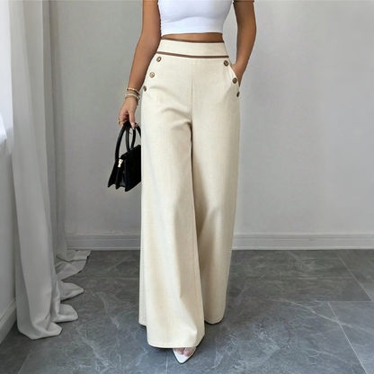 🔥‑50 %🤍 Pantalon fluide à coupe ample, ceinture décorée, idéal pour une tenue chic au quotidien