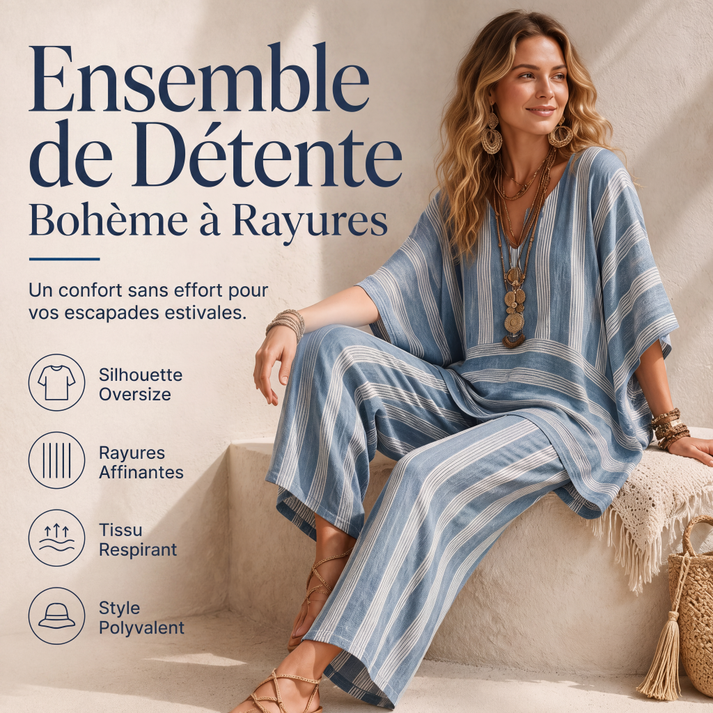 🔥-52%🌿 Ensemble de détente léger à rayures, idéal pour les sorties décontractées 🤍 Haut ample + pantalon large