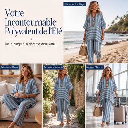 🔥-52%🌿 Ensemble de détente léger à rayures, idéal pour les sorties décontractées 🤍 Haut ample + pantalon large