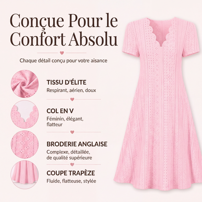 🌷 Robe élégante en broderie anglaise, décolleté ondulé 🤍 Robe midi évasée manches courtes, tissu léger convenant aux sorties quotidiennes