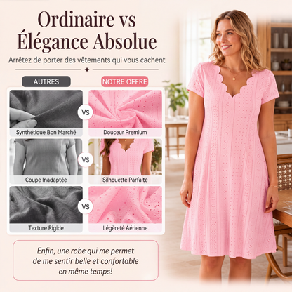 🌷 Robe élégante en broderie anglaise, décolleté ondulé 🤍 Robe midi évasée manches courtes, tissu léger convenant aux sorties quotidiennes