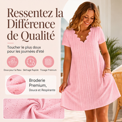 🌷 Robe élégante en broderie anglaise, décolleté ondulé 🤍 Robe midi évasée manches courtes, tissu léger convenant aux sorties quotidiennes