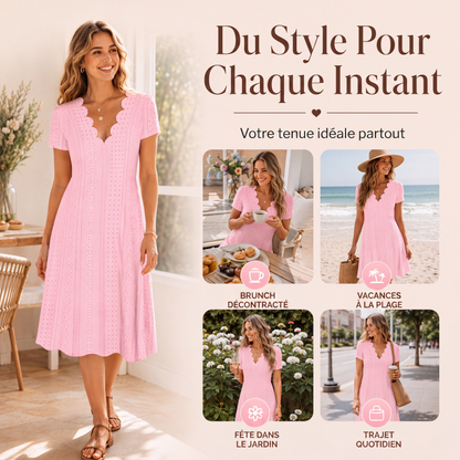 🌷 Robe élégante en broderie anglaise, décolleté ondulé 🤍 Robe midi évasée manches courtes, tissu léger convenant aux sorties quotidiennes