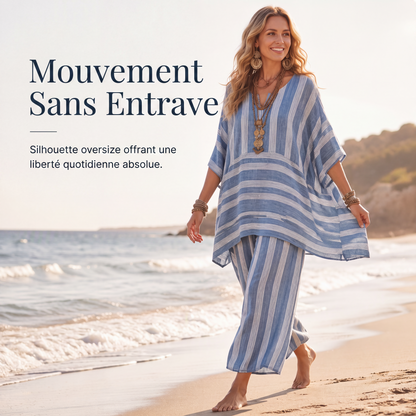 🔥-52%🌿 Ensemble de détente léger à rayures, idéal pour les sorties décontractées 🤍 Haut ample + pantalon large