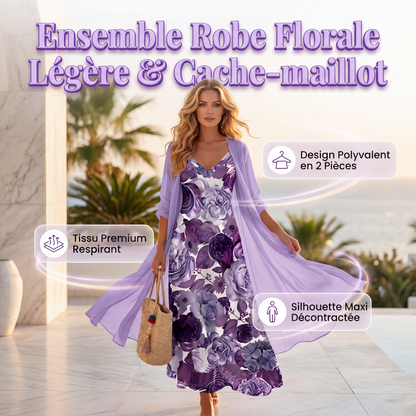 🌊 Tenue complète bohème fluide, robe longue motif artistique et kimono léger parfait pour les vacances✨ 🤍 Tenue de vacances deux‑pièces, tissu aéré, look décontracté et charmant