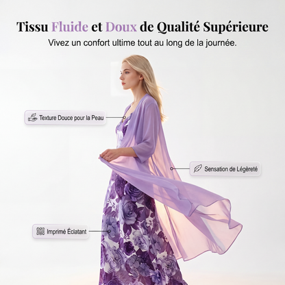 🌊 Tenue complète bohème fluide, robe longue motif artistique et kimono léger parfait pour les vacances✨ 🤍 Tenue de vacances deux‑pièces, tissu aéré, look décontracté et charmant