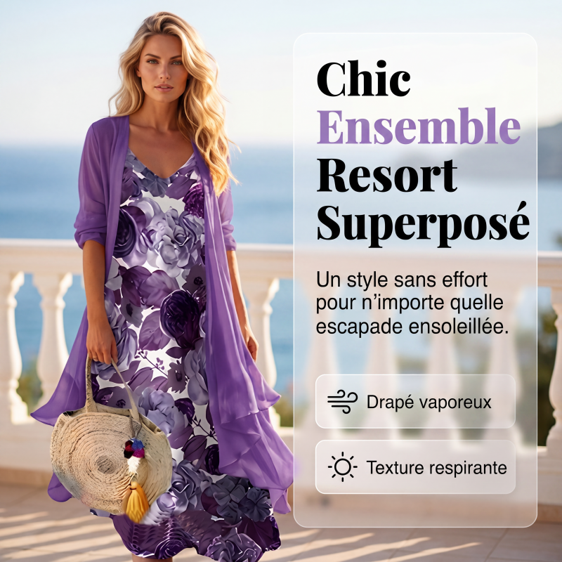 🌊 Tenue complète bohème fluide, robe longue motif artistique et kimono léger parfait pour les vacances✨ 🤍 Tenue de vacances deux‑pièces, tissu aéré, look décontracté et charmant