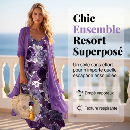 🌊 Tenue complète bohème fluide, robe longue motif artistique et kimono léger parfait pour les vacances✨ 🤍 Tenue de vacances deux‑pièces, tissu aéré, look décontracté et charmant