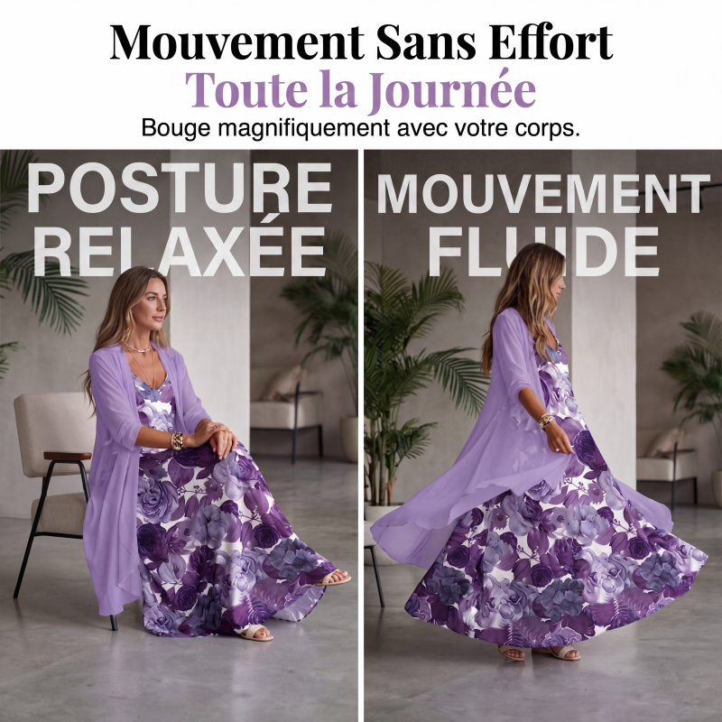 🌊 Tenue complète bohème fluide, robe longue motif artistique et kimono léger parfait pour les vacances✨ 🤍 Tenue de vacances deux‑pièces, tissu aéré, look décontracté et charmant