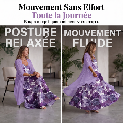 🌊 Tenue complète bohème fluide, robe longue motif artistique et kimono léger parfait pour les vacances✨ 🤍 Tenue de vacances deux‑pièces, tissu aéré, look décontracté et charmant
