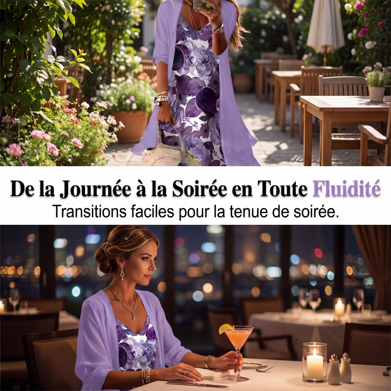 🌊 Tenue complète bohème fluide, robe longue motif artistique et kimono léger parfait pour les vacances✨ 🤍 Tenue de vacances deux‑pièces, tissu aéré, look décontracté et charmant