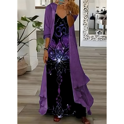 🌊 Tenue complète bohème fluide, robe longue motif artistique et kimono léger parfait pour les vacances✨ 🤍 Tenue de vacances deux‑pièces, tissu aéré, look décontracté et charmant