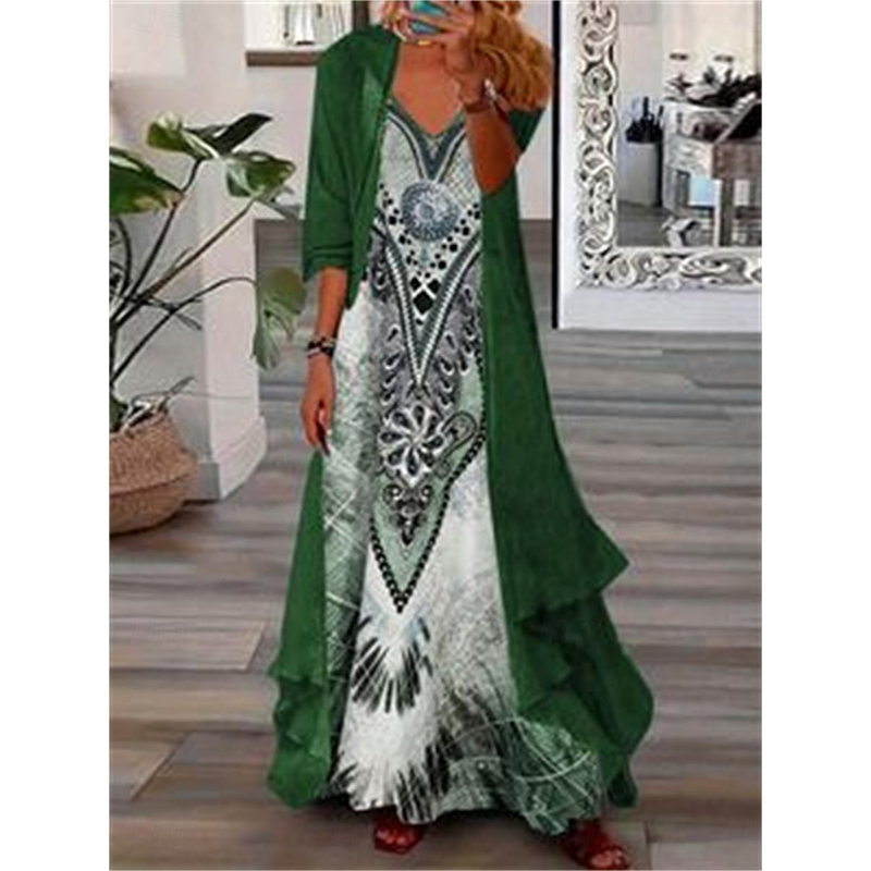 🌊 Tenue complète bohème fluide, robe longue motif artistique et kimono léger parfait pour les vacances✨ 🤍 Tenue de vacances deux‑pièces, tissu aéré, look décontracté et charmant