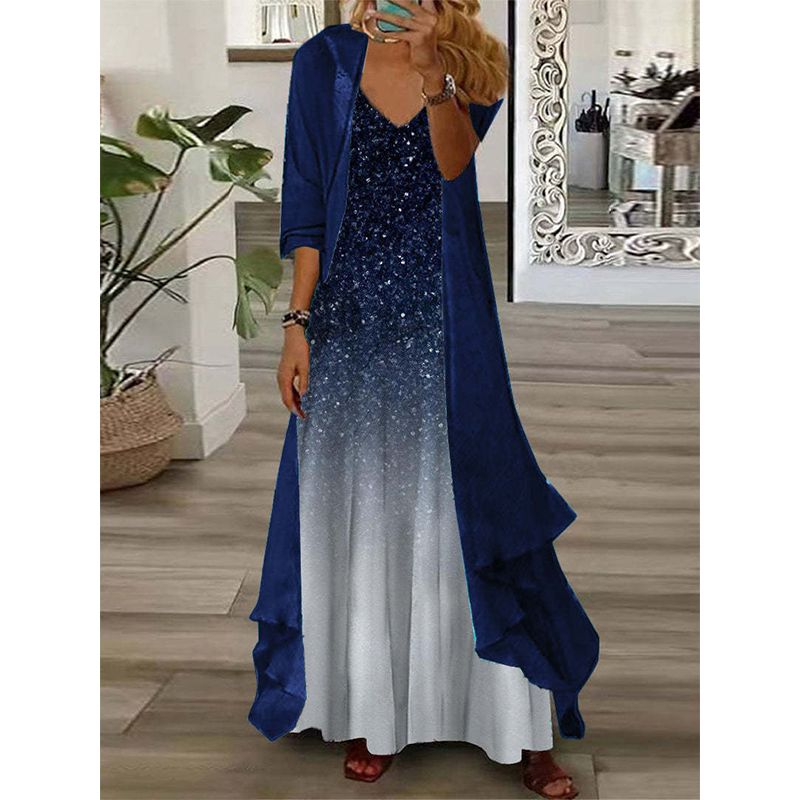 🌊 Tenue complète bohème fluide, robe longue motif artistique et kimono léger parfait pour les vacances✨ 🤍 Tenue de vacances deux‑pièces, tissu aéré, look décontracté et charmant