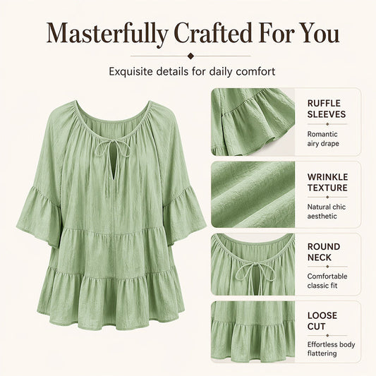 🔥Incontournable👚 Top à volants et manches 3/4 - Mouvement élégant et texture douce pour un chic sans effort