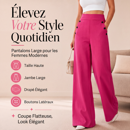 🖤 Pantalon Femme Taille‑Haute Jambes‑Larges, Modèle Élégant Avec Boutons Décoratifs Latéraux et Poches✨Tissu Fluide Confortable Adapté À Toutes Silhouettes