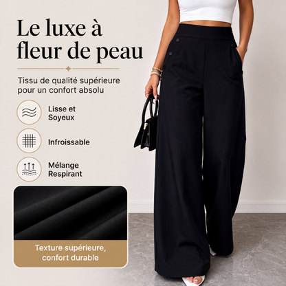 🖤 Pantalon Femme Taille‑Haute Jambes‑Larges, Modèle Élégant Avec Boutons Décoratifs Latéraux et Poches✨Tissu Fluide Confortable Adapté À Toutes Silhouettes
