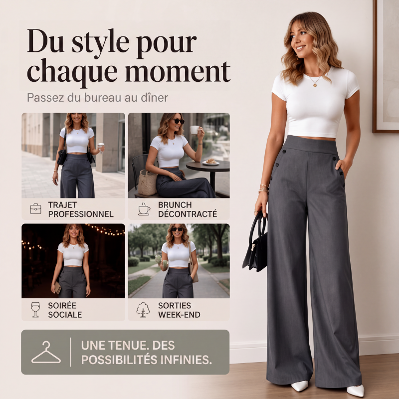 🖤 Pantalon Femme Taille‑Haute Jambes‑Larges, Modèle Élégant Avec Boutons Décoratifs Latéraux et Poches✨Tissu Fluide Confortable Adapté À Toutes Silhouettes