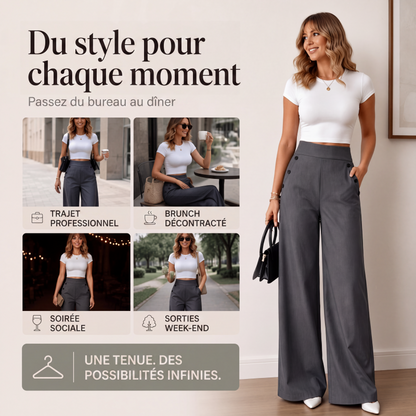 🖤 Pantalon Femme Taille‑Haute Jambes‑Larges, Modèle Élégant Avec Boutons Décoratifs Latéraux et Poches✨Tissu Fluide Confortable Adapté À Toutes Silhouettes