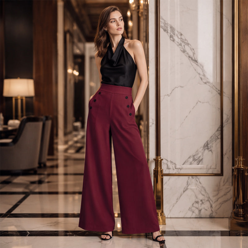 🖤 Pantalon Femme Taille‑Haute Jambes‑Larges, Modèle Élégant Avec Boutons Décoratifs Latéraux et Poches✨Tissu Fluide Confortable Adapté À Toutes Silhouettes