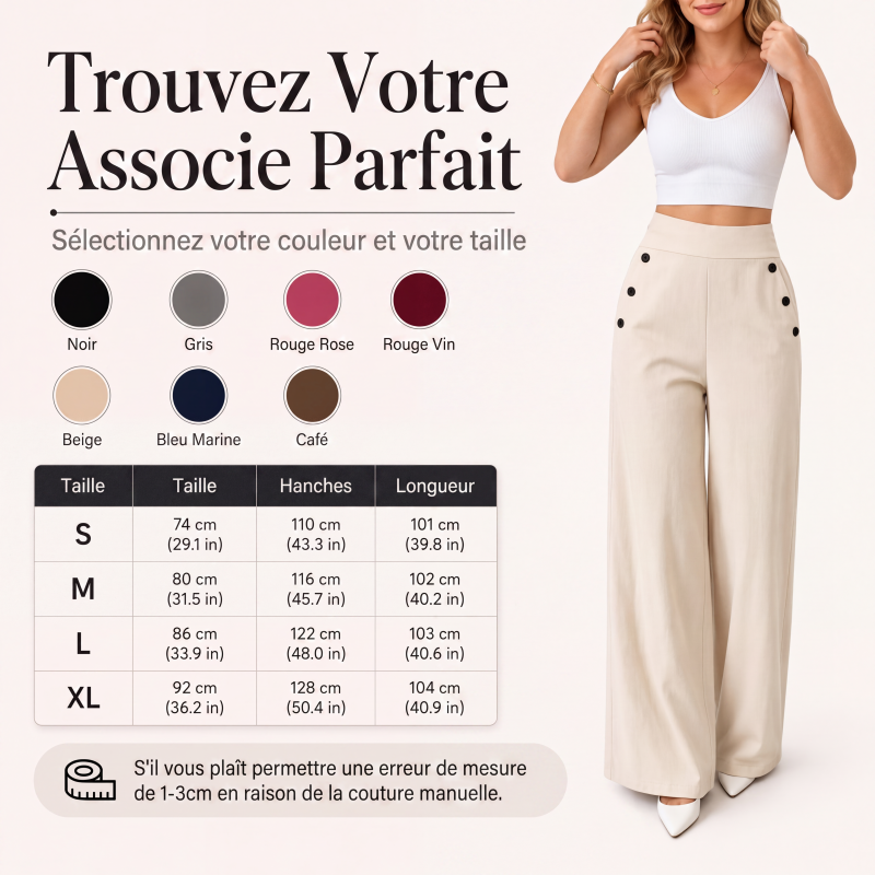 🖤 Pantalon Femme Taille‑Haute Jambes‑Larges, Modèle Élégant Avec Boutons Décoratifs Latéraux et Poches✨Tissu Fluide Confortable Adapté À Toutes Silhouettes