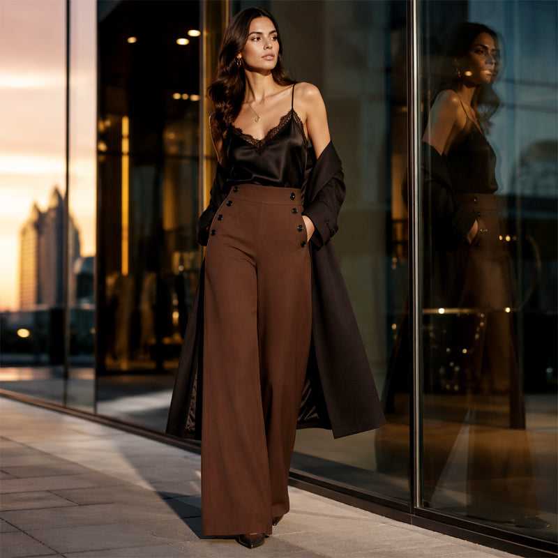 🖤 Pantalon Femme Taille‑Haute Jambes‑Larges, Modèle Élégant Avec Boutons Décoratifs Latéraux et Poches✨Tissu Fluide Confortable Adapté À Toutes Silhouettes