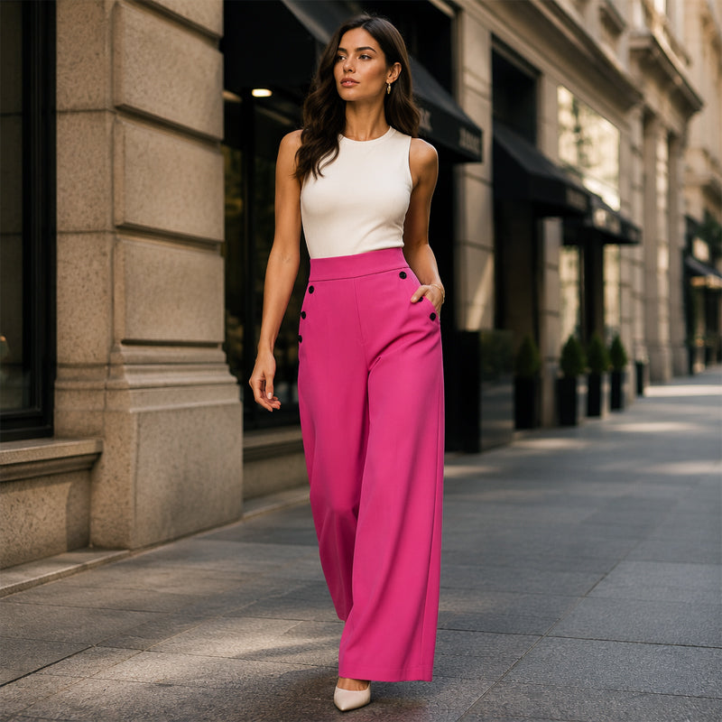 🖤 Pantalon Femme Taille‑Haute Jambes‑Larges, Modèle Élégant Avec Boutons Décoratifs Latéraux et Poches✨Tissu Fluide Confortable Adapté À Toutes Silhouettes